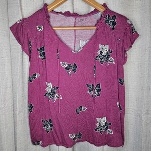Loft Blouse Womens Size Petite Medium  Pink With Blue And White Floral Print